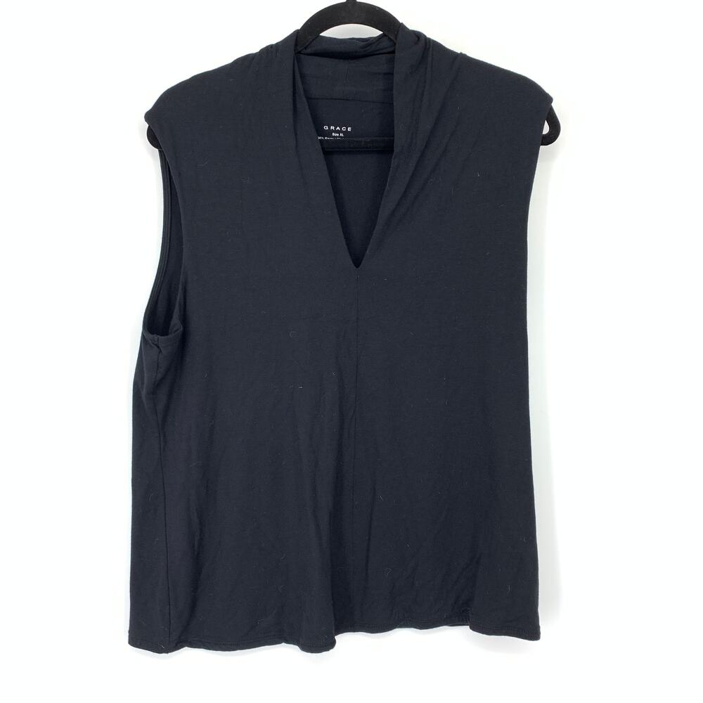 Grace Cap Sleeve V-Neck Jersey Knit Top Womens Sz XL Black